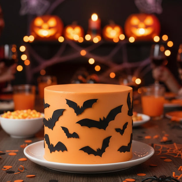 Orange iced cake iced with the Bat Halloween Cake Side Stencil