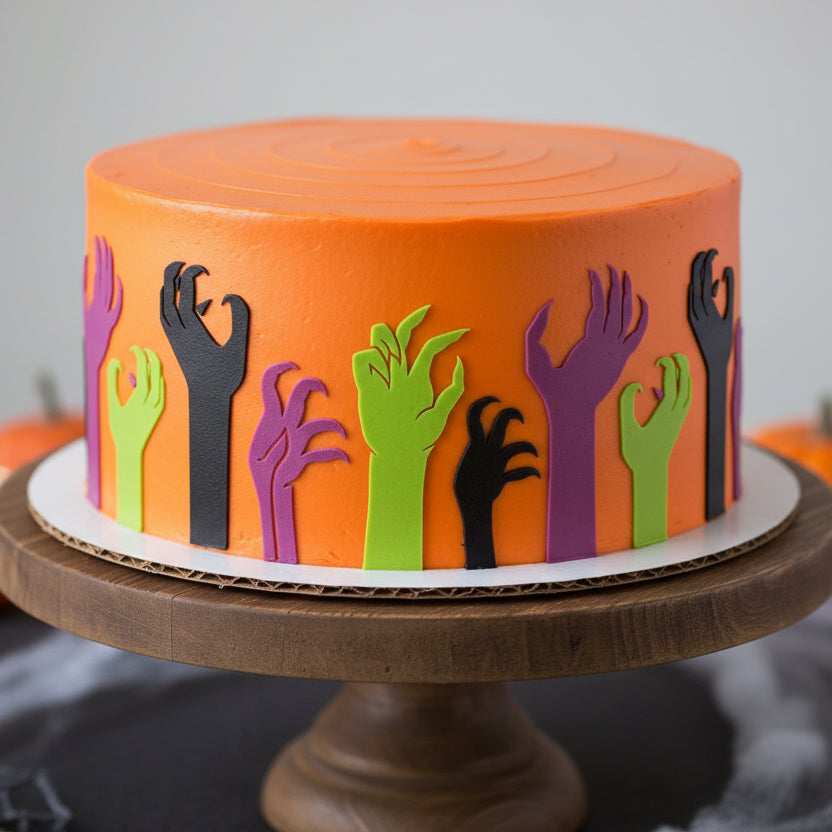 Zombie Hands Cake Side Stencil applied to the side of a halloween cake.