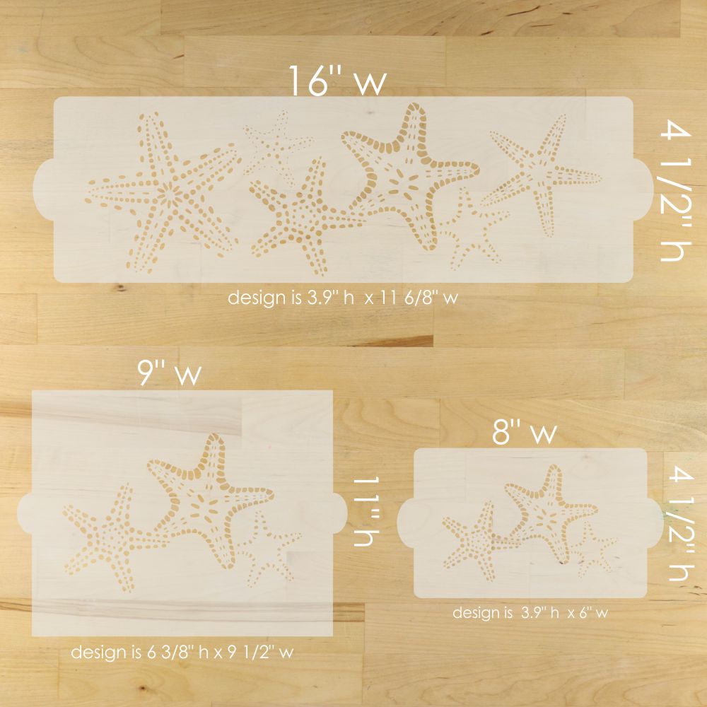 Starfish-themed stencils with measurements on a wooden surface