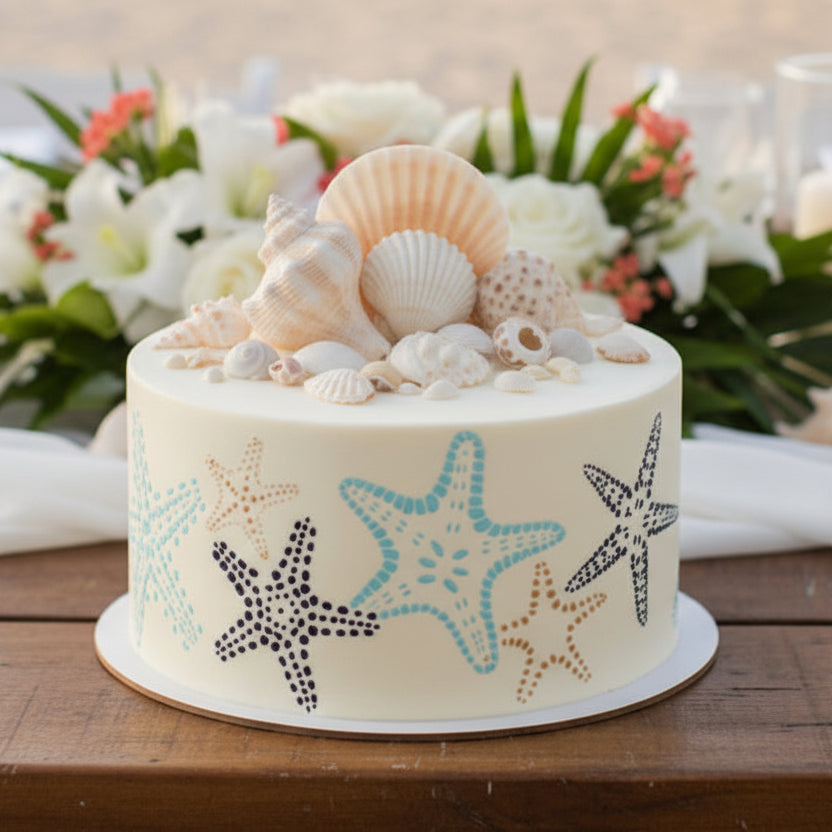 Starfish pattern with blue, orange, and black colors on a white background
