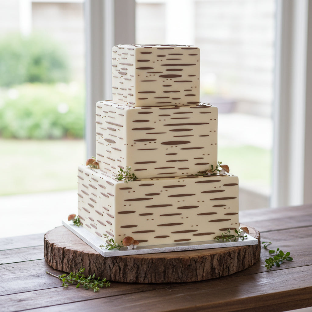 Birch wood pattern stenciled onto a cake for woodland 