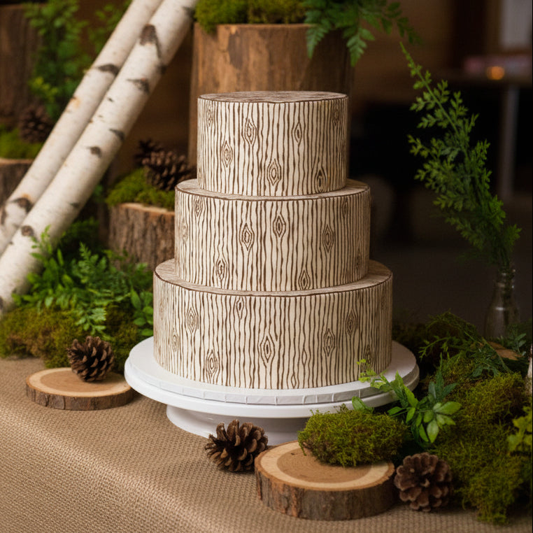Wood Grain Stencil applied to a cake at a woodland theme event.