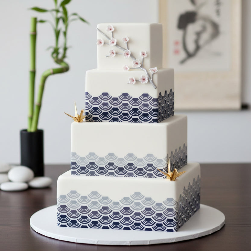 Repeating pattern of blue and gray circles on a white background