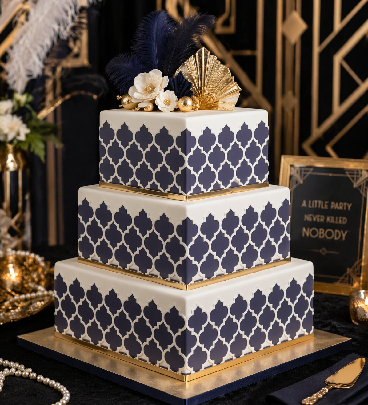 Three-tiered cake with navy geometric pattern on a decorative background