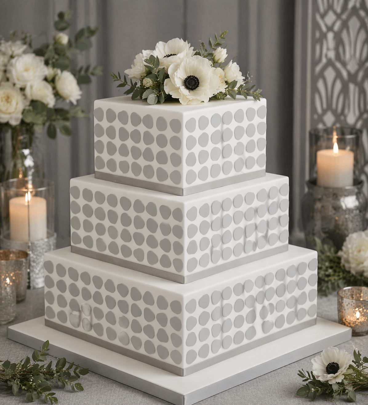 Three-tiered square wedding cake with polka dot pattern and floral top, set against a decorative background.