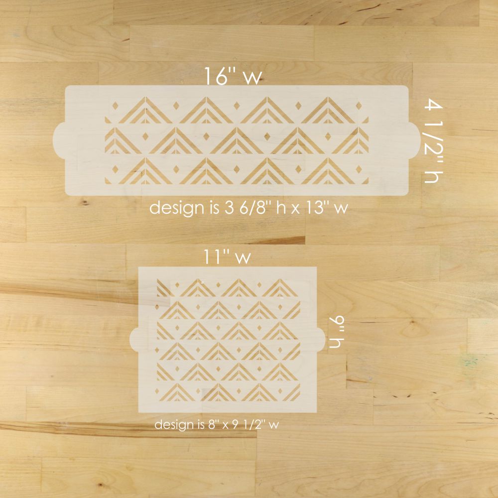 Two geometric pattern stencils with measurements on a wooden surface