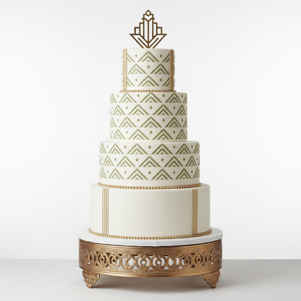Geometric stencil pattern with triangles and diamonds in beige applied to the side of a gatsby cake