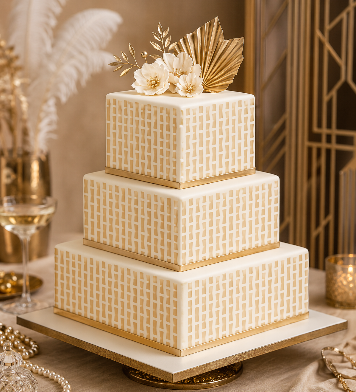 Three-tiered square wedding cake with gold and white pattern, floral decorations on a decorative table.