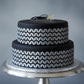 Tire Tread Cake Stencil applied to a race car themed birthday cake