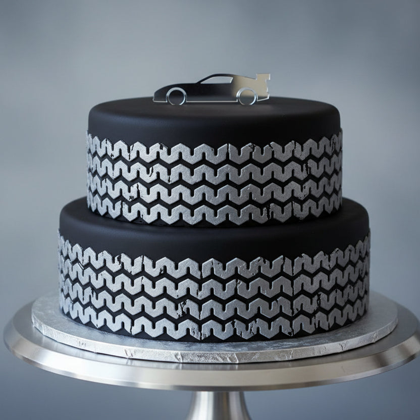 Tire Tread Cake Stencil applied to a race car themed birthday cake