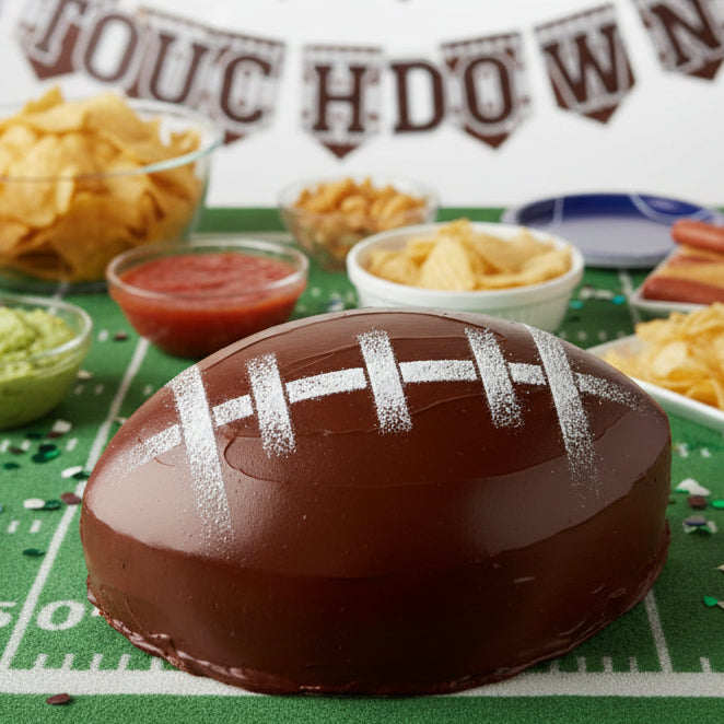 Chocolate cake shaped like a football with white frosting details on a wooden surface