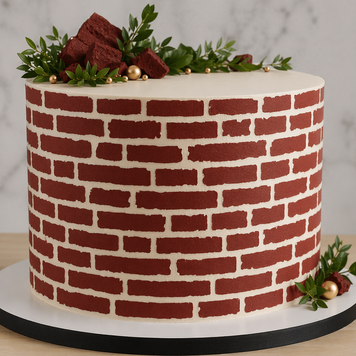 Brick Wall Cake Stencil applied to the side of a barrel style cake