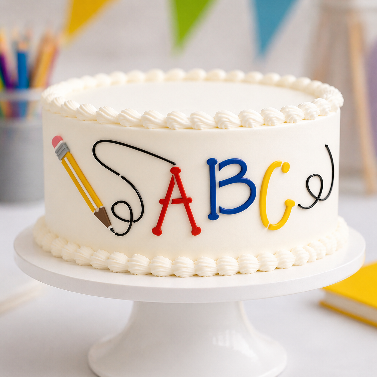 School Days Stencil applied to the side of a back to school cake