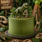 Green dinosaur birthday cake with number 4, surrounded by dinosaur-themed decorations.