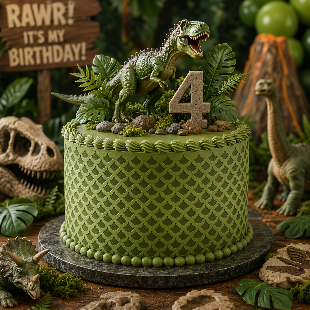 Green dinosaur birthday cake with number 4, surrounded by dinosaur-themed decorations.