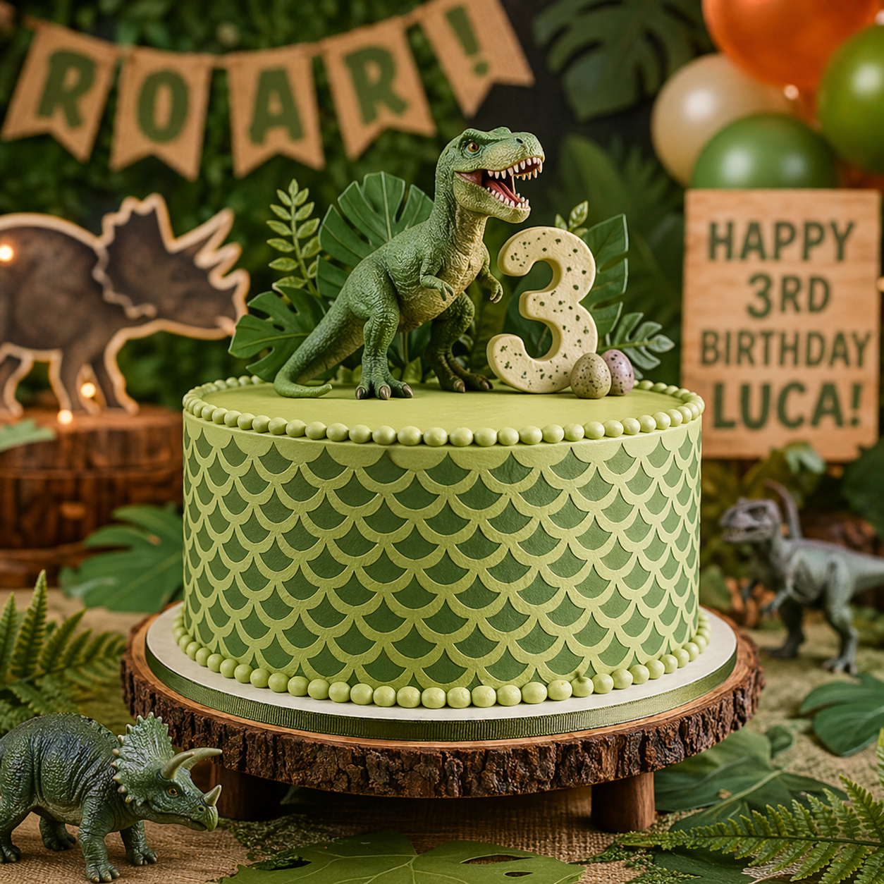 Green dinosaur-themed birthday cake with number 3 candle, surrounded by dinosaur decorations and 'Roar!' banner.