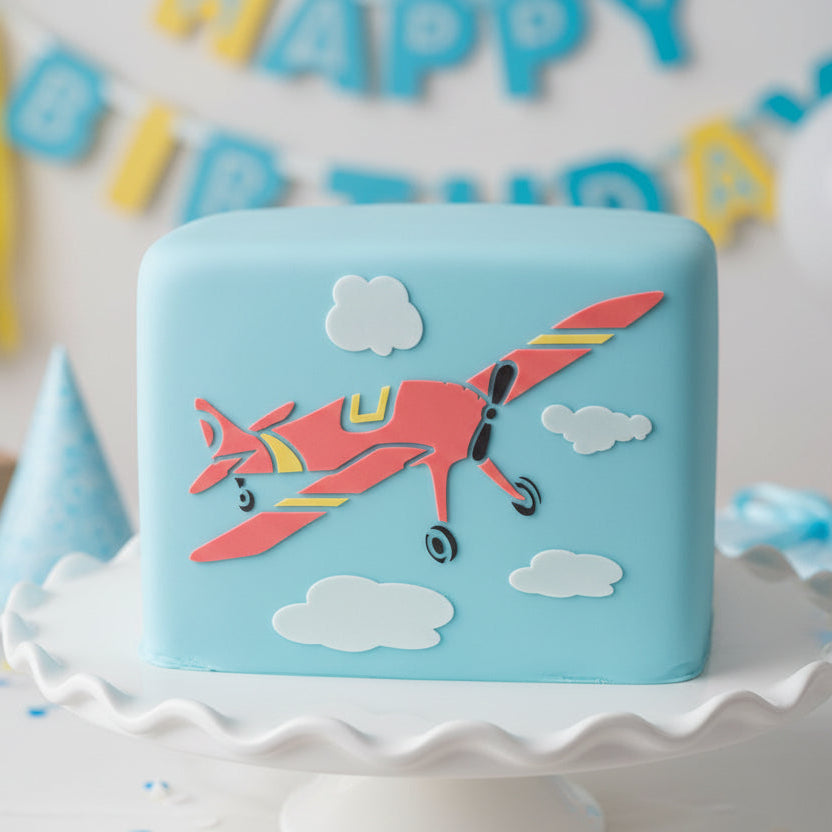 Biplanes Cake Side Stencil applied to the side of an airplane theme cake