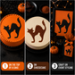 Halloween-themed cake with black cat silhouette, cheesecake with brown cat silhouette, and framed picture with black cat silhouette.