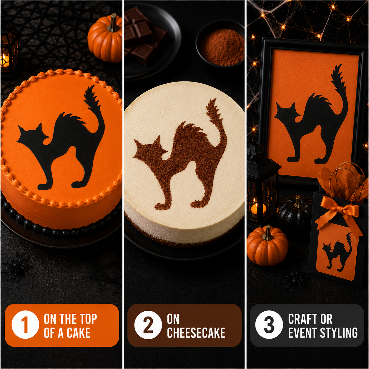 Halloween-themed cake with black cat silhouette, cheesecake with brown cat silhouette, and framed picture with black cat silhouette.