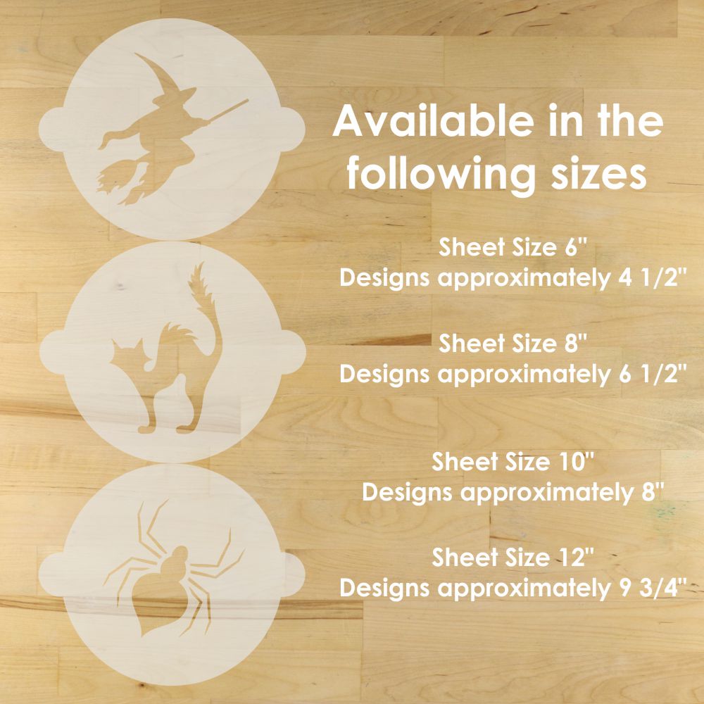 Three reusable Halloween Cake Stencils with the measurements listed next to them