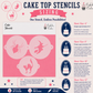 Cake stencils with sizing chart and product details on a pink and blue background