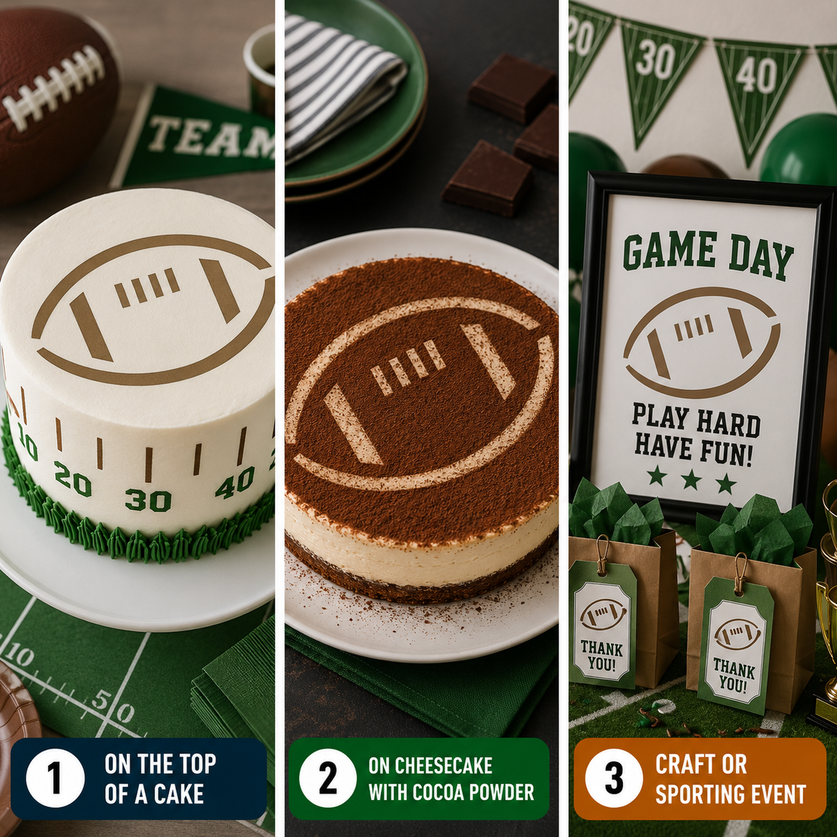 Collage of football cake stencil tops applied to cakes, cheesecakes and craft projects.