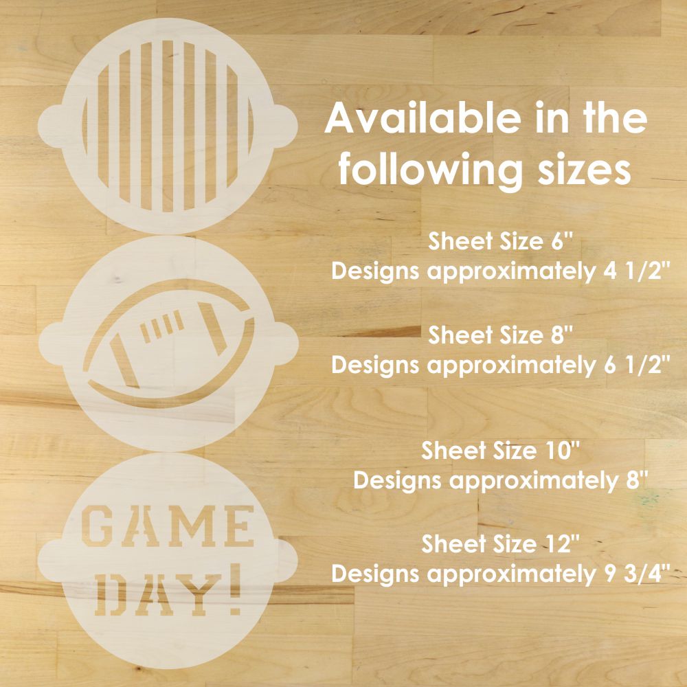 Stencil sheets with 'GAME DAY!' design on a wooden surface, showing different sheet sizes and their corresponding design dimensions.