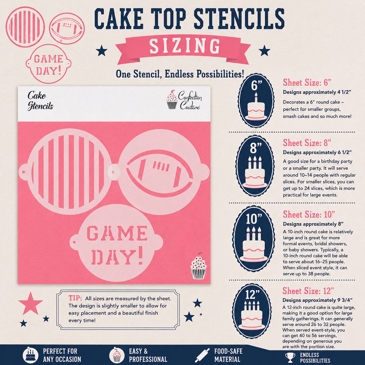 Cake top stencils with sizing chart and 'Game Day!' design on a pink background