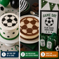 Three images showing a soccer-themed cake, cheesecake, and party decorations with text using sports theme cake stencils.