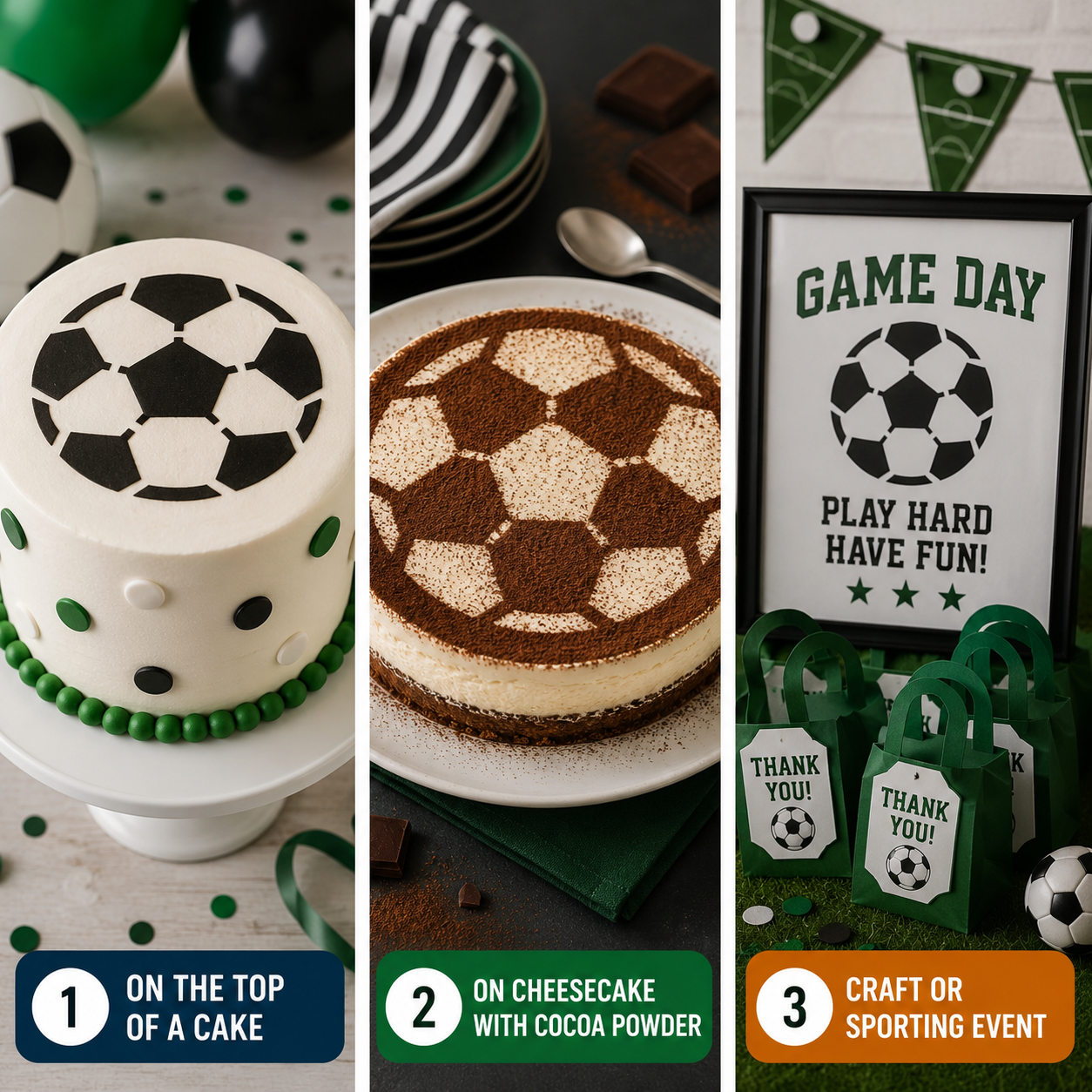 Three images showing a soccer-themed cake, cheesecake, and party decorations with text using sports theme cake stencils.