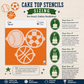 Cake stencil set with sports-themed designs and sizing information on a beige background.