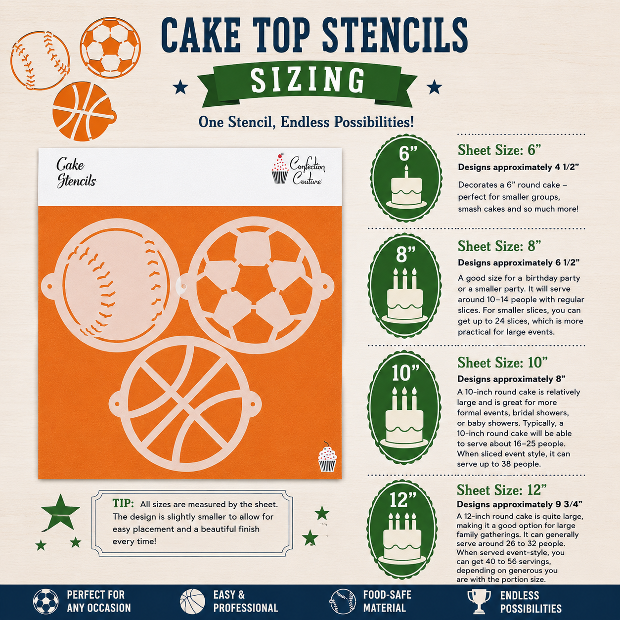 Cake stencil set with sports-themed designs and sizing information on a beige background.