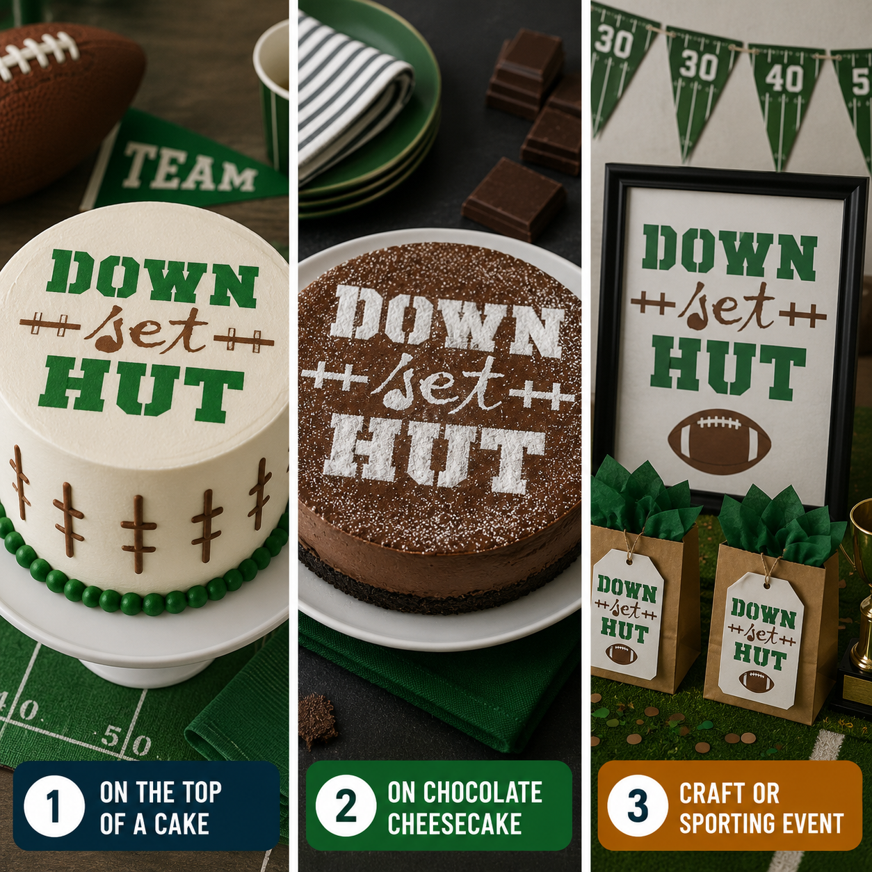 Collage of cakes with 'DOWN set HUT' text, chocolate cheesecake, and decorative items for a sports-themed event.
