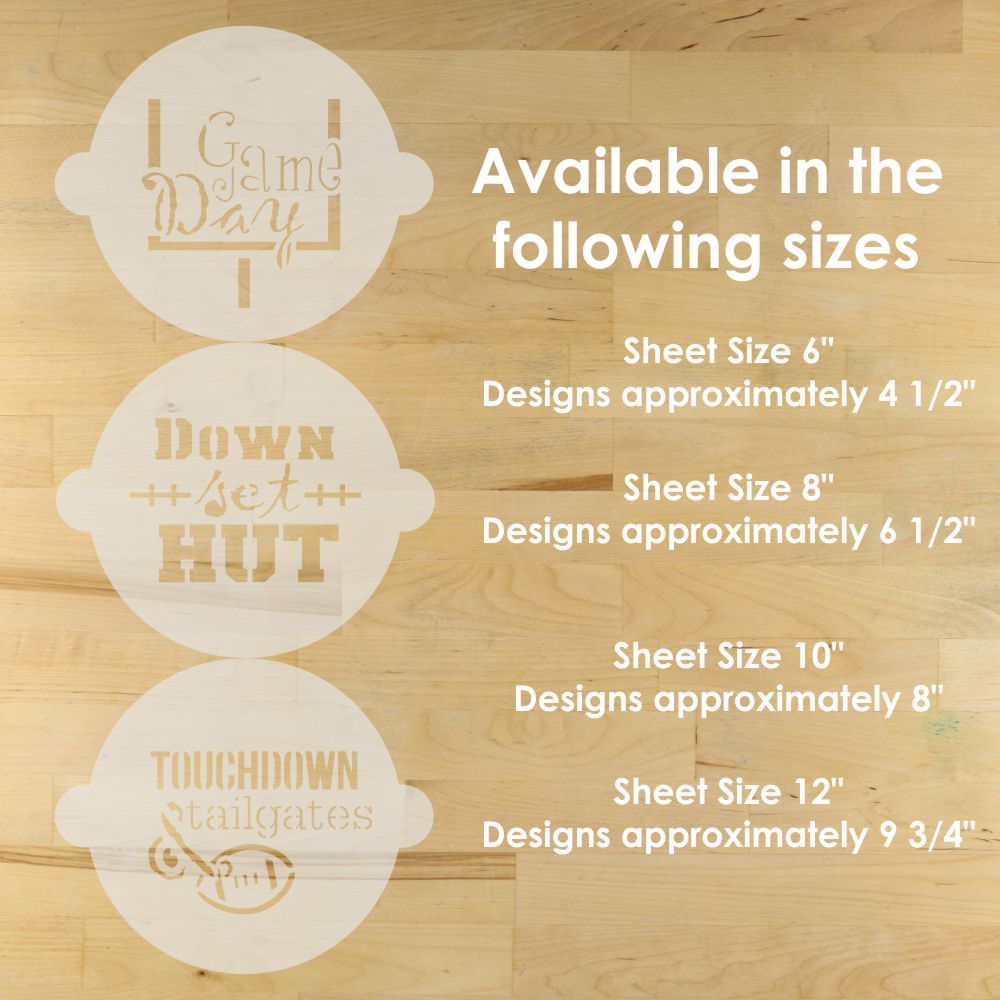 Three football cake stencil sheets with text on a wooden surface, showing different sheet sizes and design dimensions.