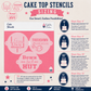 Cake top stencils with sizing chart on a white background