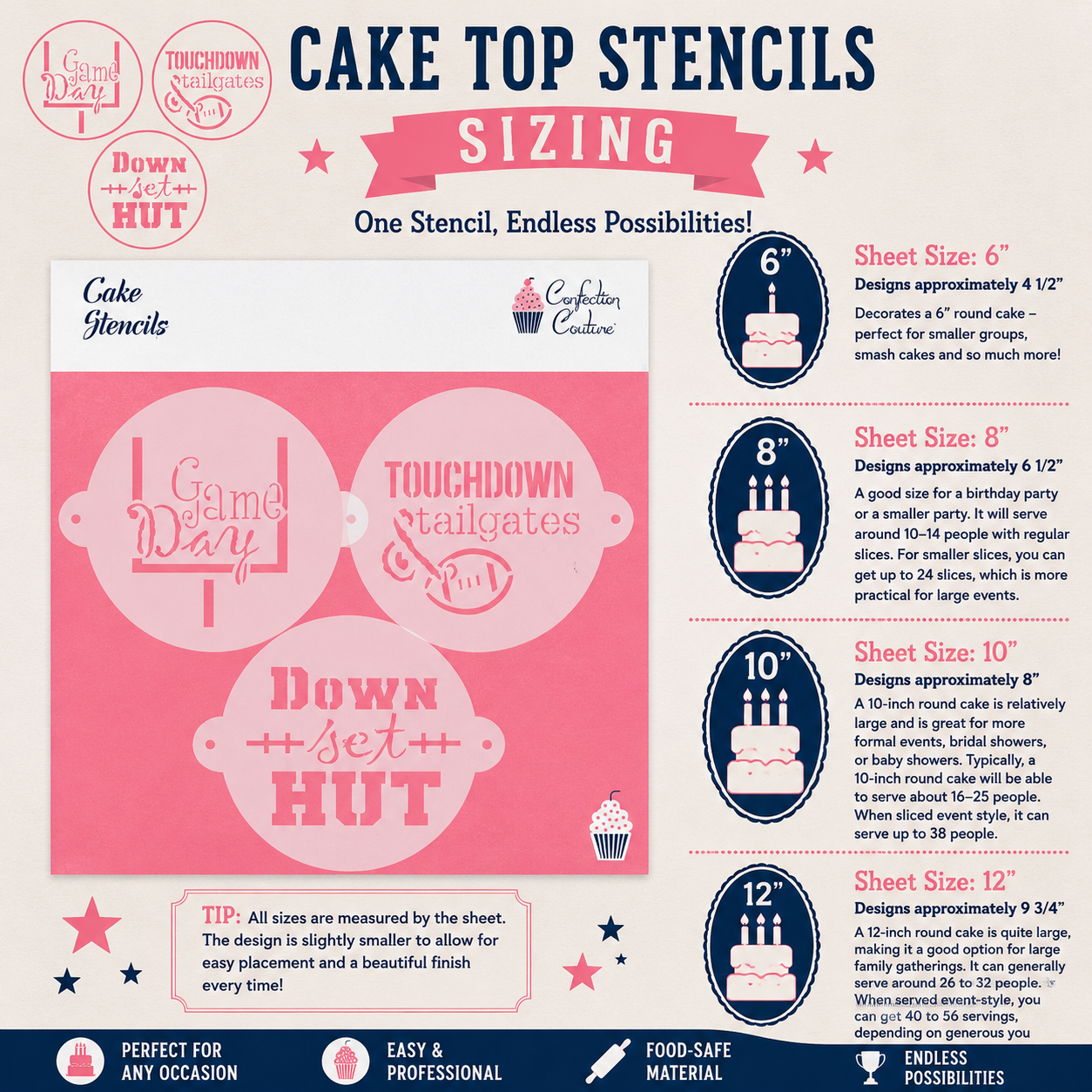 Cake top stencils with sizing chart on a white background