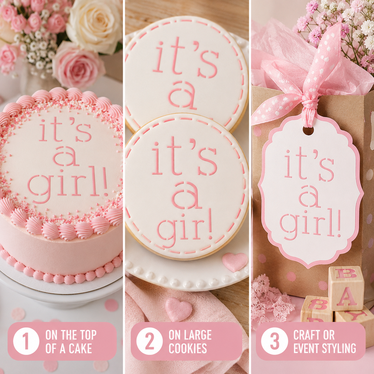 Collage of 'it's a girl!' themed items including a cake, cookies, and a gift bag.