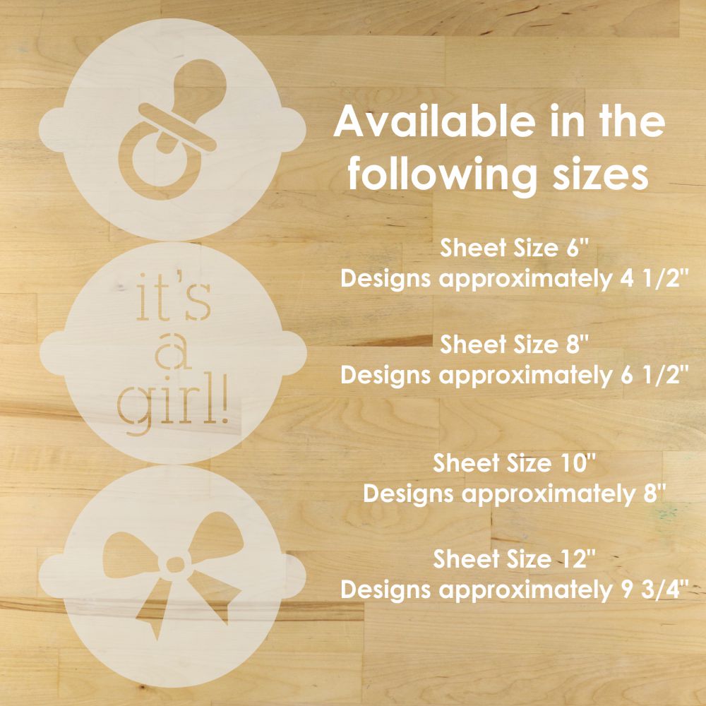 Three cake stencils with 'it's a girl!' theme on a wooden surface, showing different sheet sizes and design dimensions.