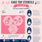 Cake top stencils with sizing chart on a pink background
