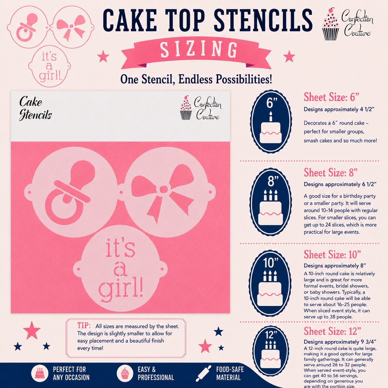 Cake top stencils with sizing chart on a pink background