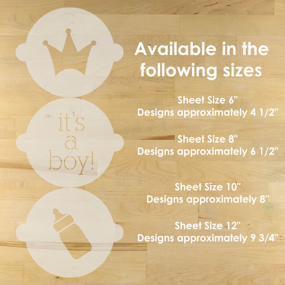 Reusable "it's a boy" cake stencils and their available sizes.