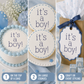 Collage of 'it's a boy!' themed items including a cake, cookies, and a gift tag using reusable baby shower cake stencils.