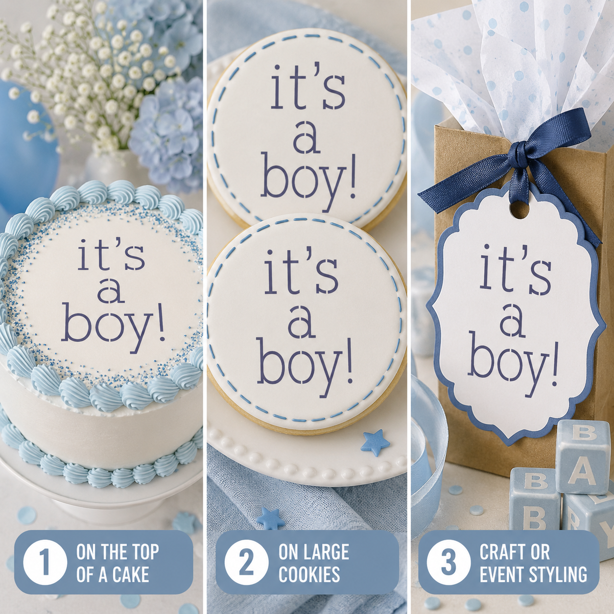 Collage of 'it's a boy!' themed items including a cake, cookies, and a gift tag using reusable baby shower cake stencils.