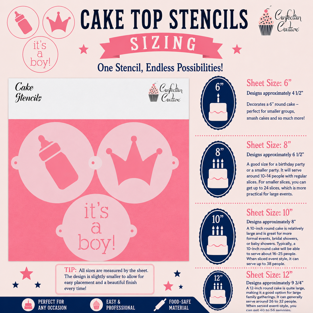 Cake top stencils sizing chart with 'it's a boy!' design on pink background
