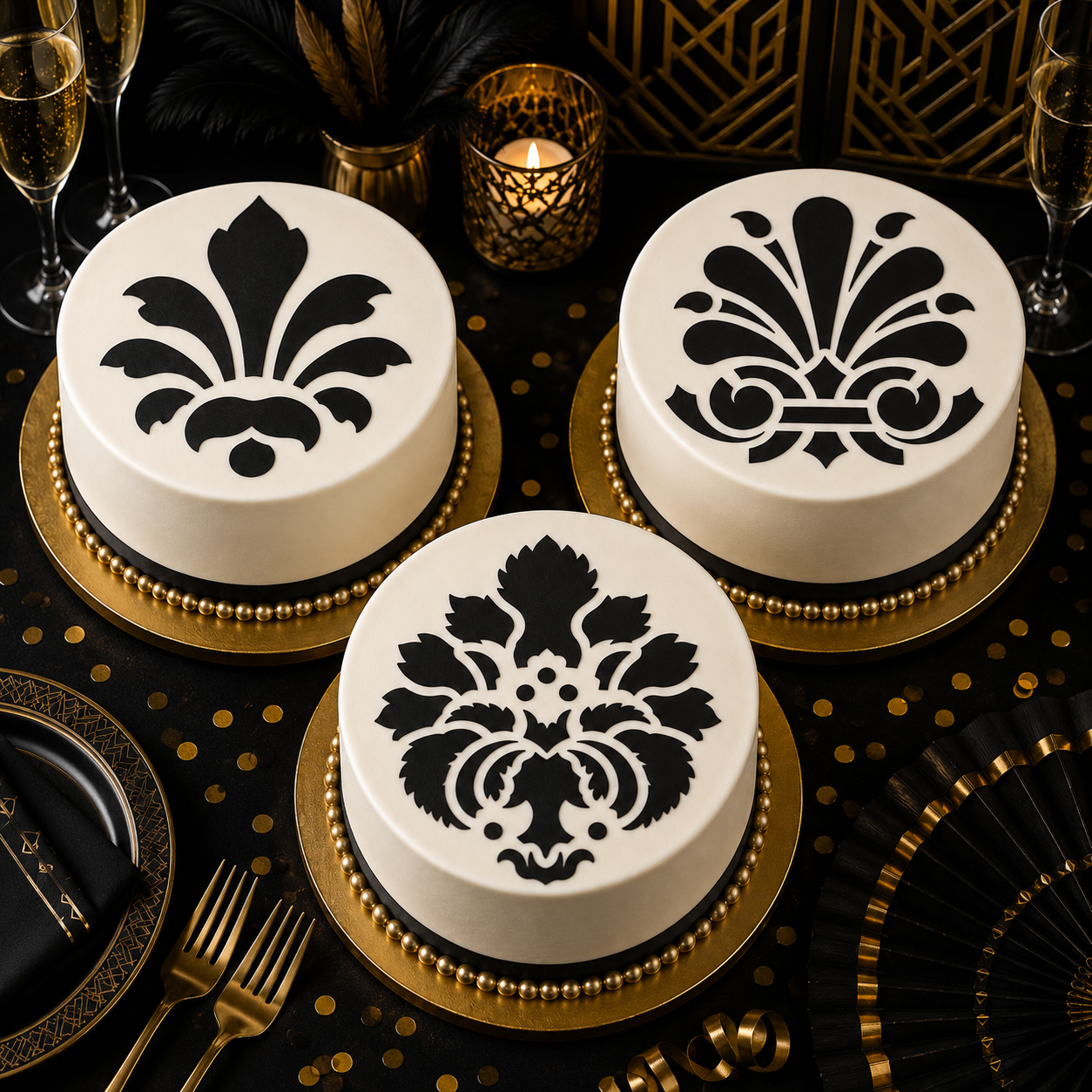 Three white cakes with black decorative patterns on a black tablecloth with gold accents.