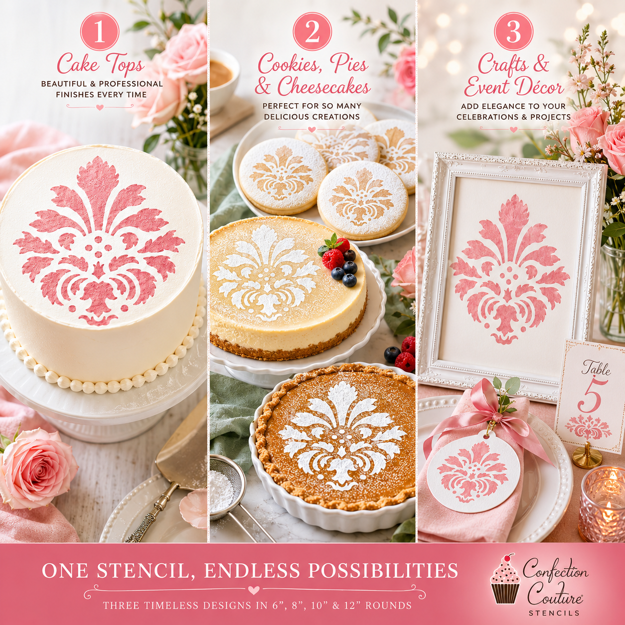 Collage of cake, pie, and decorative items with stenciled designs using Confection Couture stencils.
