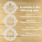 Decorative cake and craft stencils with size specifications on a wooden background