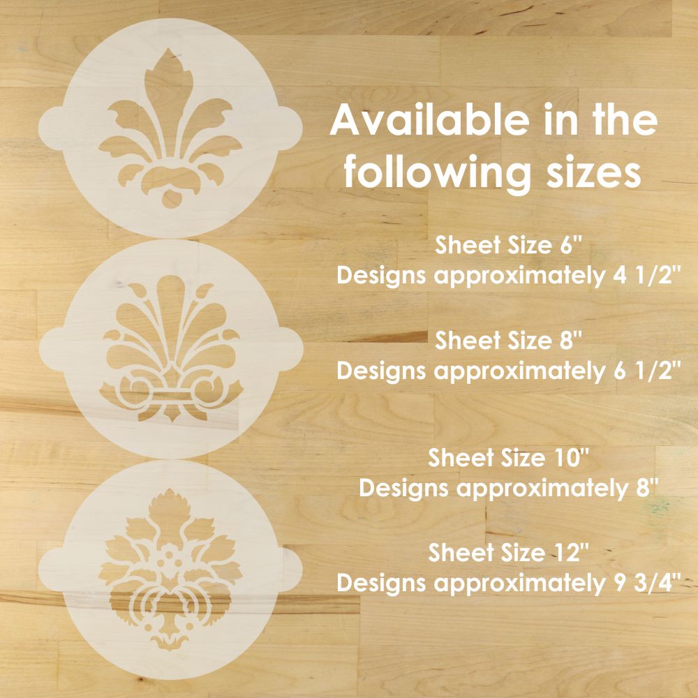 Decorative cake and craft stencils with size specifications on a wooden background