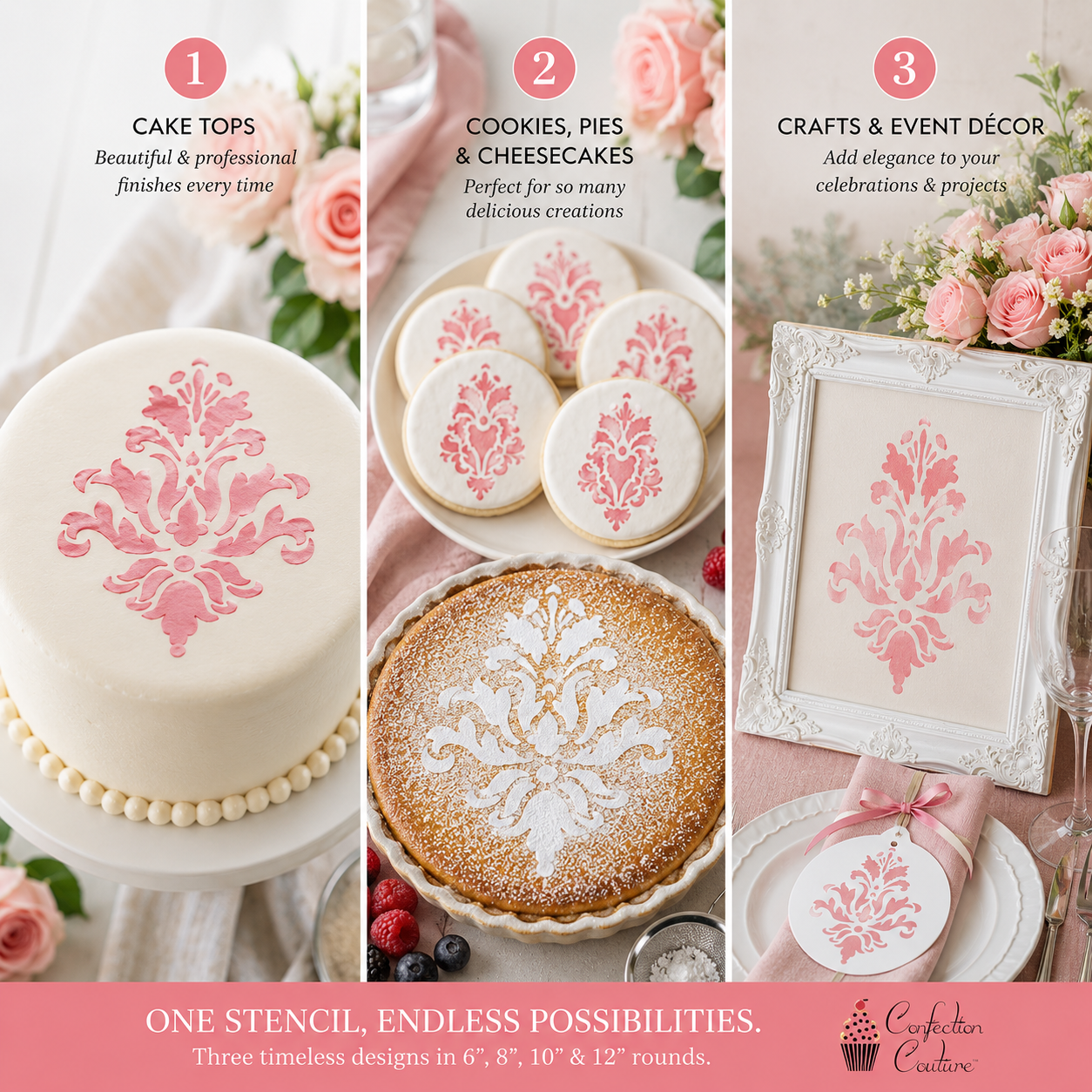 Collage of cake, cookies, pies, cheesecakes, and decor items with pink stenciled designs.