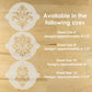 Decorative damask cake stencils with size specifications on a wooden background